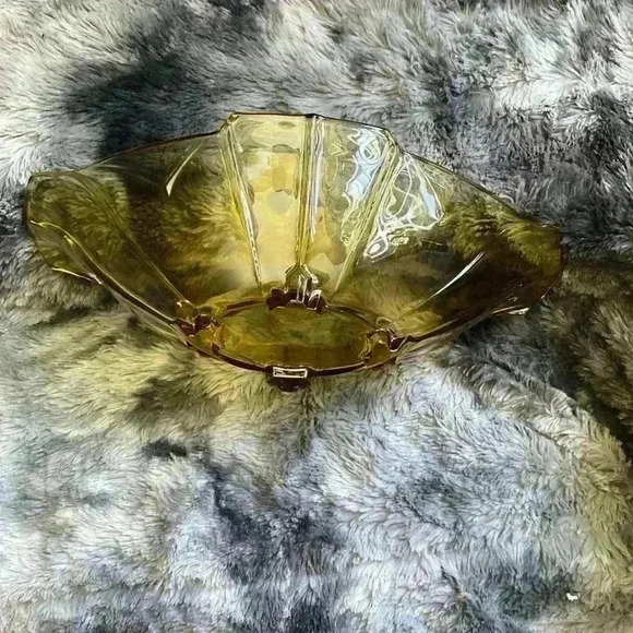 Vintage Art Deco  Amber Pressed Glass Oval Footed Bowl - Picture 16 of 16